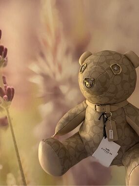 COACH Large Beige Signature Monogram Bear with Gold Hardware